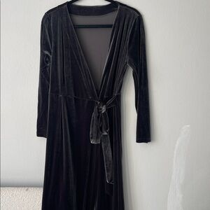 Velvet Long Sleeve Wrap Dress - Black